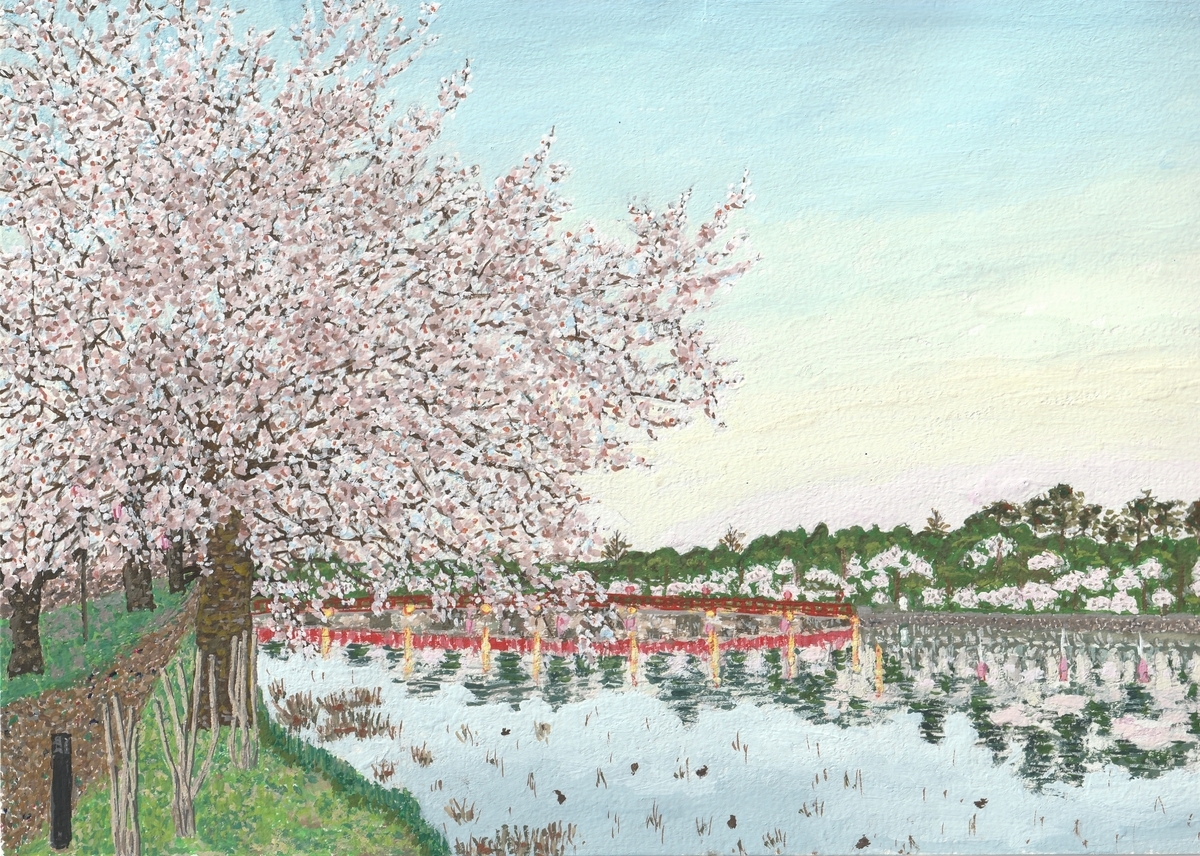 満開の桜咲く日暮れまえ - 小池至夫水彩画(通称ガッシュ)の世界