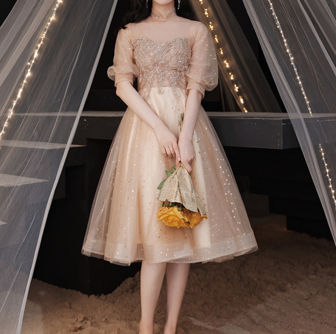 ハイネック 透明感 ウェディングドレス パーティー ふわふわ