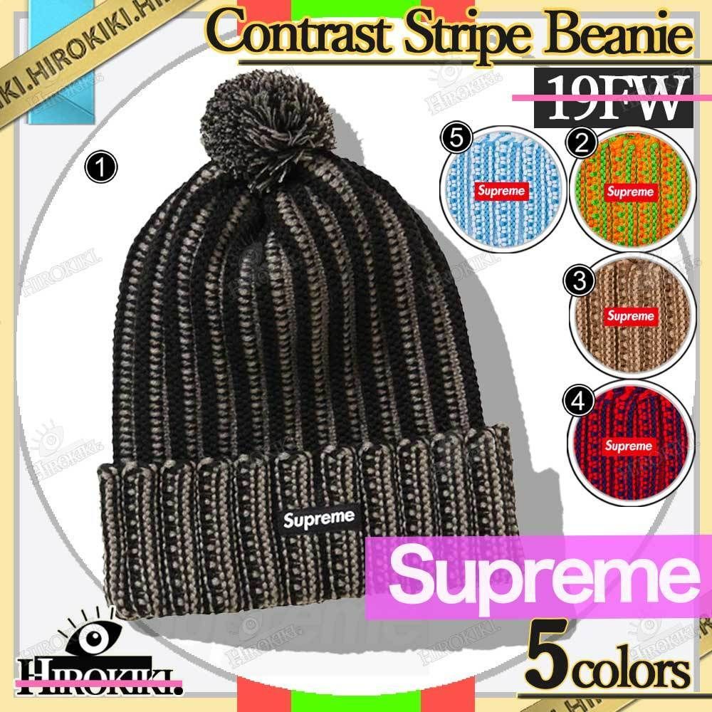 19FW /Supreme Contrast Stripe Beanie ボンボン付き ビーニー