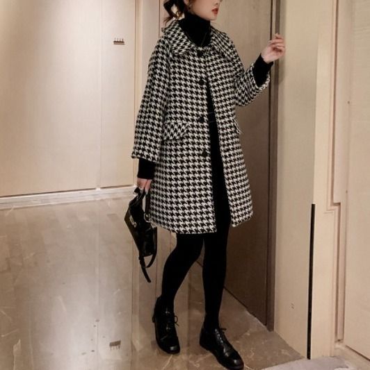 千鳥柄 襟付き クラシカル Aライン レディミドル コート (コート