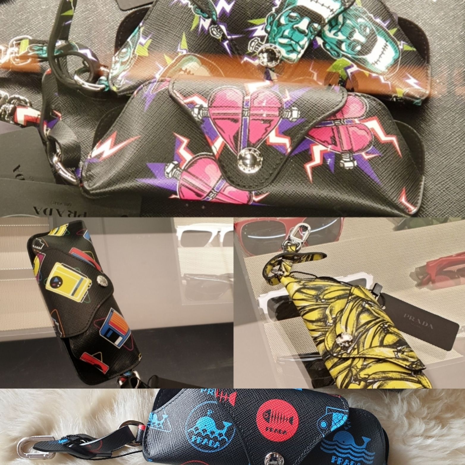 PRADAメンズ♪レザーメガネケース♪プリント ストラップ付き (PRADA