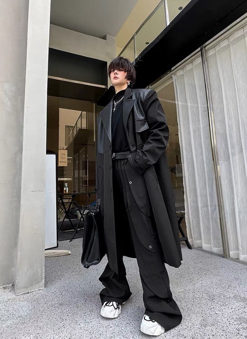 メンズPUレザー切替コートアウターロング春秋冬 (チェスターコート