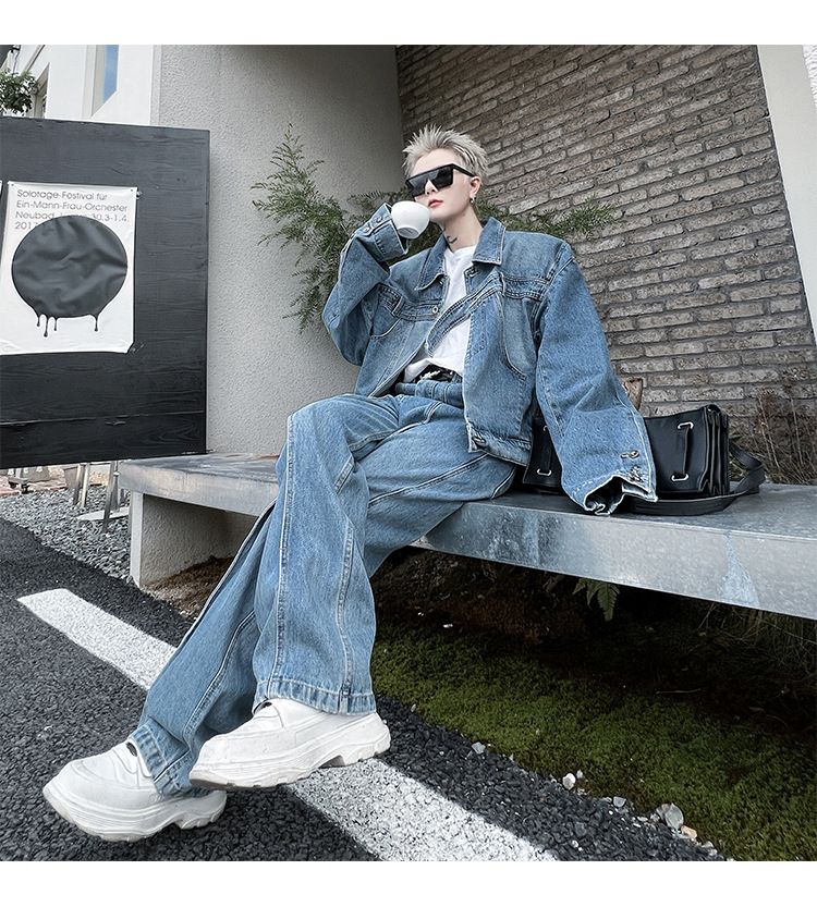 セットアップ デニム ジャケット パンツ ワイド ルーズ 2色 韓国