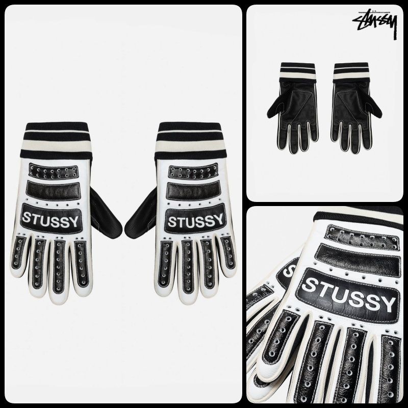 ステューシー】Stussy Leather Bike Gloves Black White 人気 (STUSSY