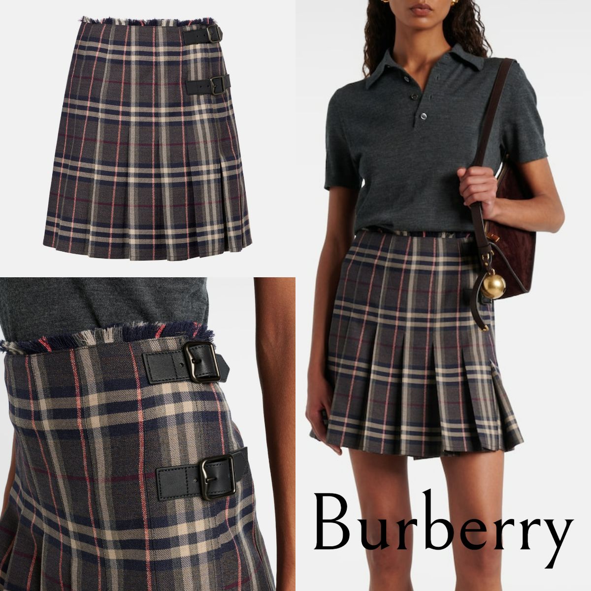 新作*バーバリー*チェック柄 プリーツスカート レザーベルト (Burberry