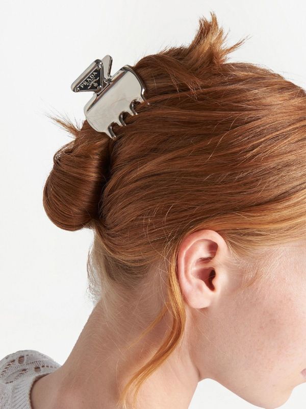 Prada triangle-logo Hair Clip | Silver | FARFETCH