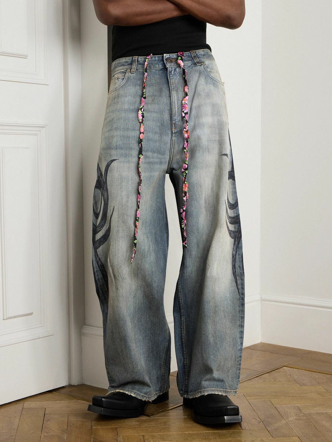 Balenciaga - Y2K Wide-Leg Distressed Printed Jeans - Blue Balenciaga