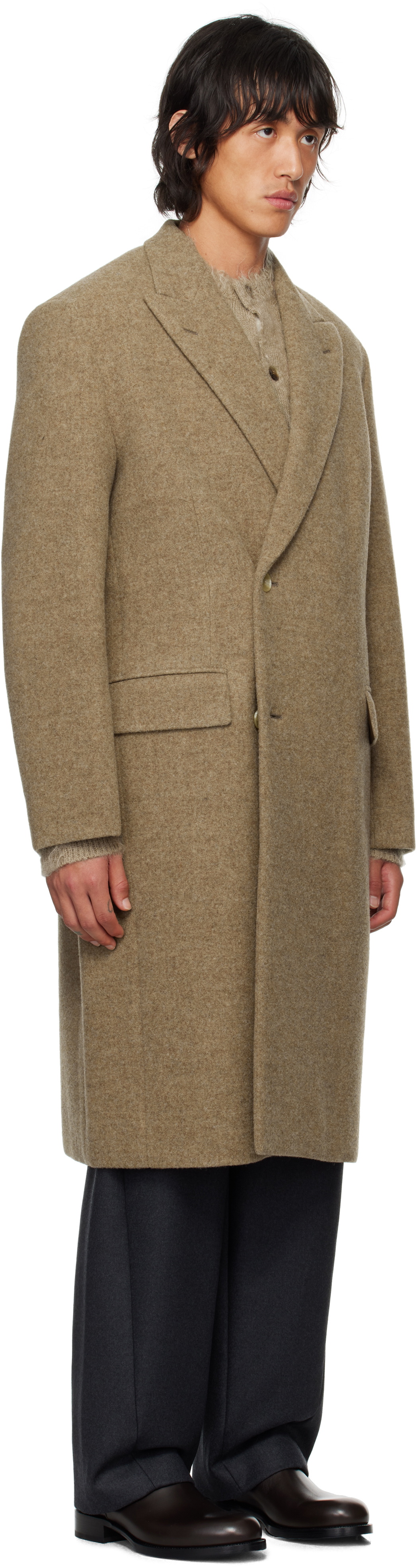 AURALEE Brown Sponge Wool Melton Chesterfield Coat Auralee