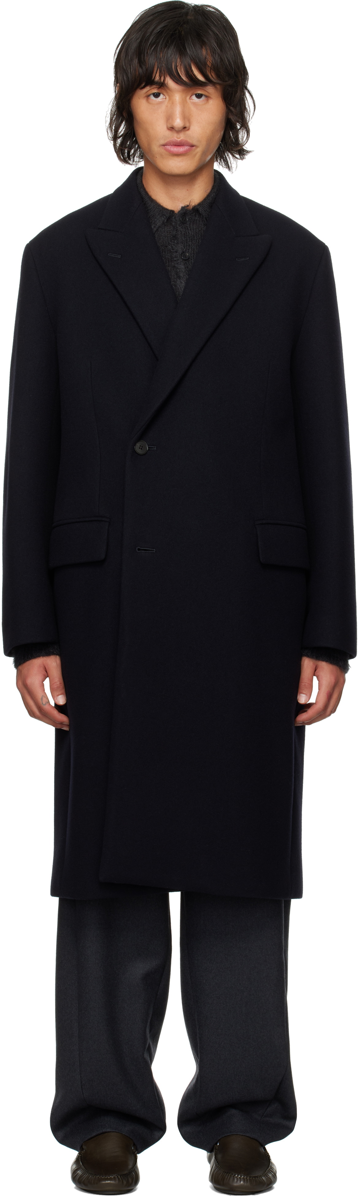AURALEE Navy Sponge Wool Melton Chesterfield Coat Auralee