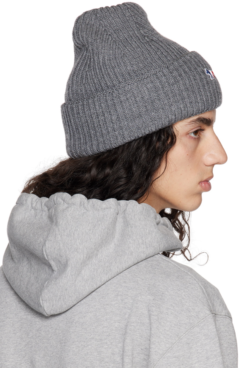 Maison Kitsuné Gray Tricolor Fox Patch Beanie Maison Kitsune