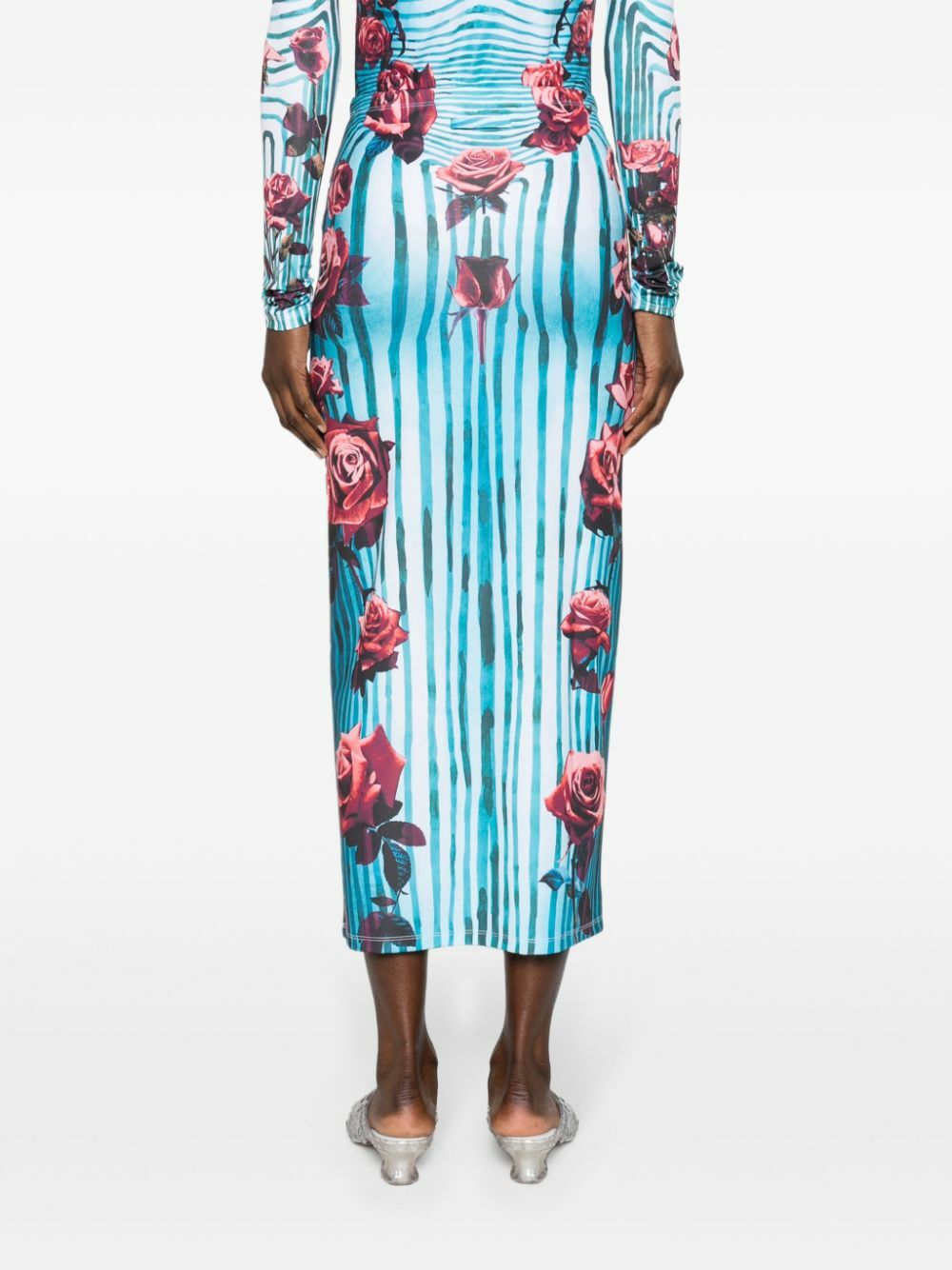 Jean Paul Gaultier Blue Morphing Rose-Print Pencil Skirt Jean Paul