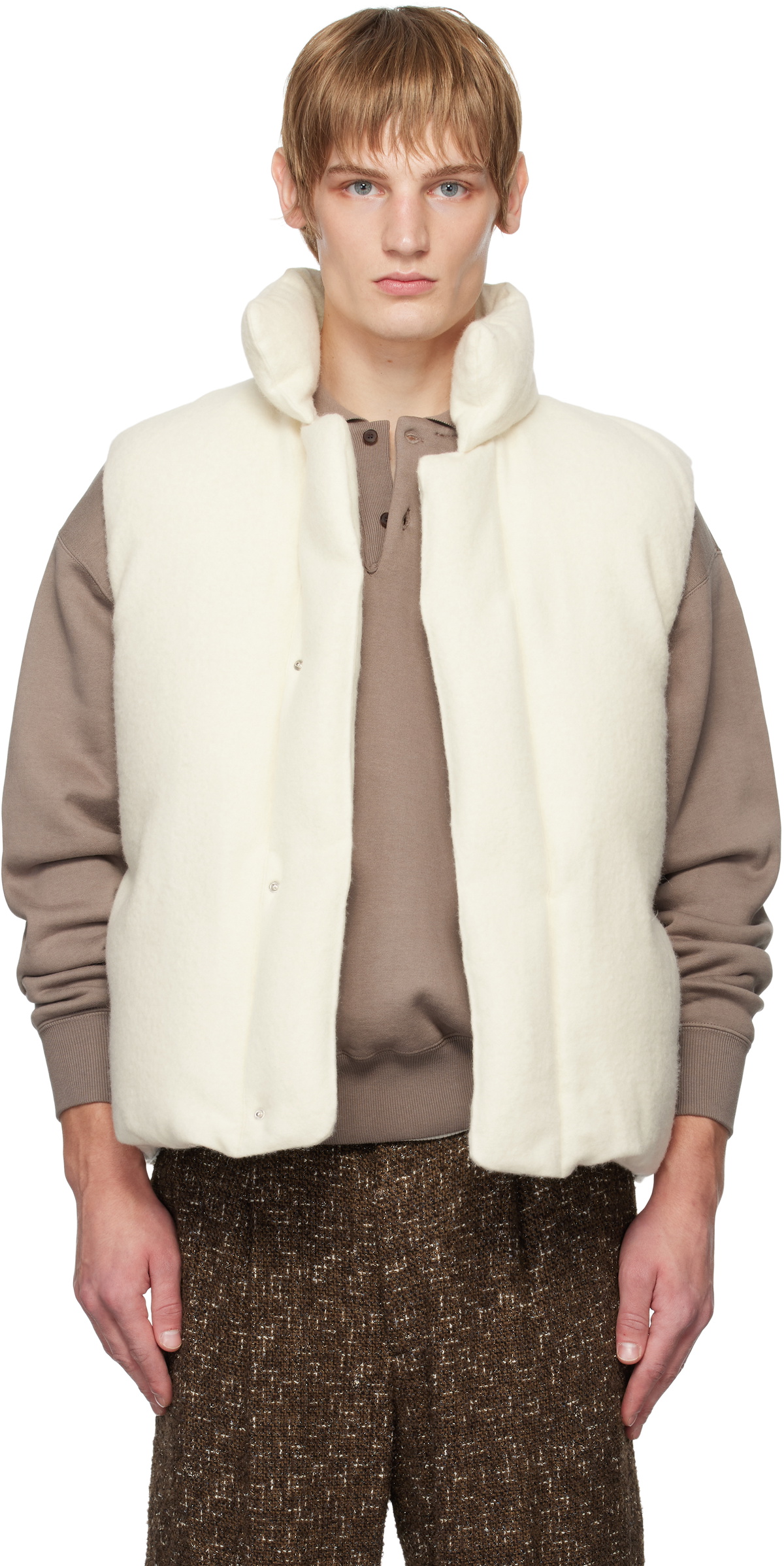 Auralee Men's Cotton Cashmere Cord Knit Vest in Lime/Navy Auralee