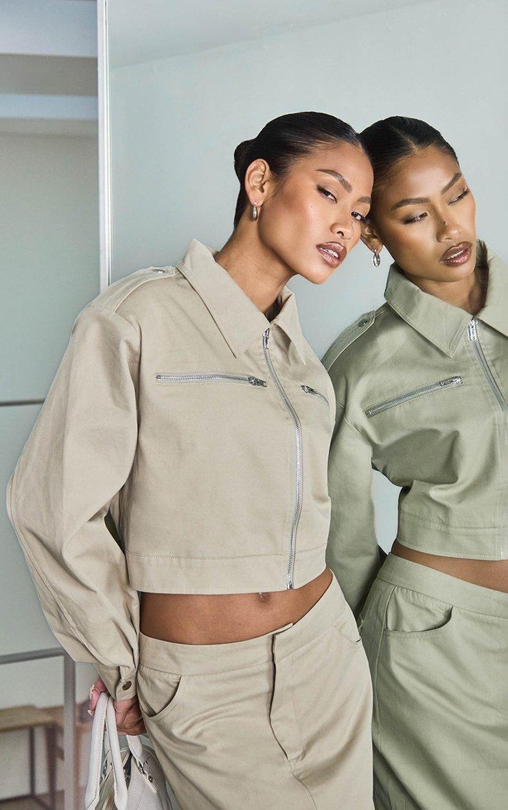 Long Sleeve Utility Zip Detail Jacket In Light Khaki Green | EGO