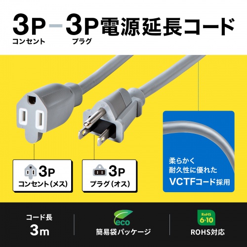 TAP-EX253-3【電源延長コード（3P・3m）】タップや機器の電源延長に