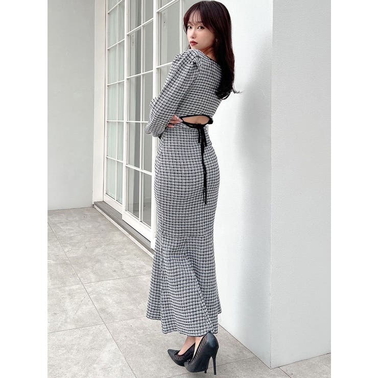 バイカラーツイードマーメイドニットワンピース[品番：MKSW0061185