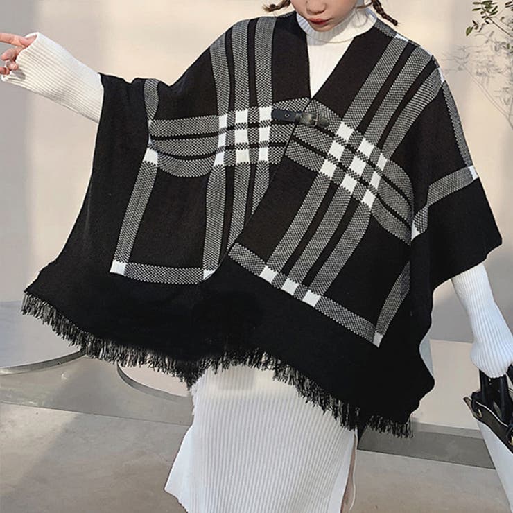 チェック柄ケープ ニットショールポンチョ[品番：II000009881