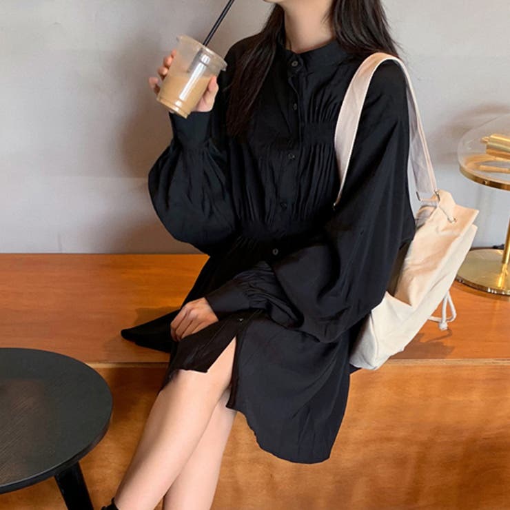 韓国 シャツワンピース 長袖 ミニワンピ[品番：II000004901