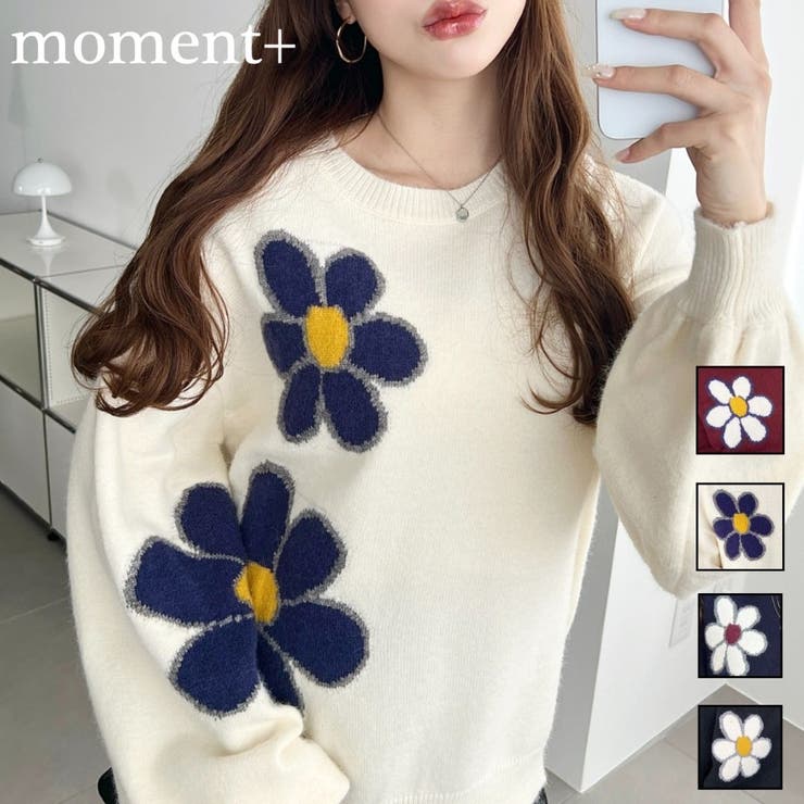 フラワージャガードニットプルオーバー[品番：ERMW0003956]｜moment+