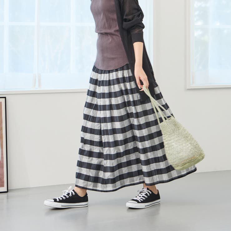 リバーシブルギャザースカート／表：チェック柄・裏：ストライプ柄
