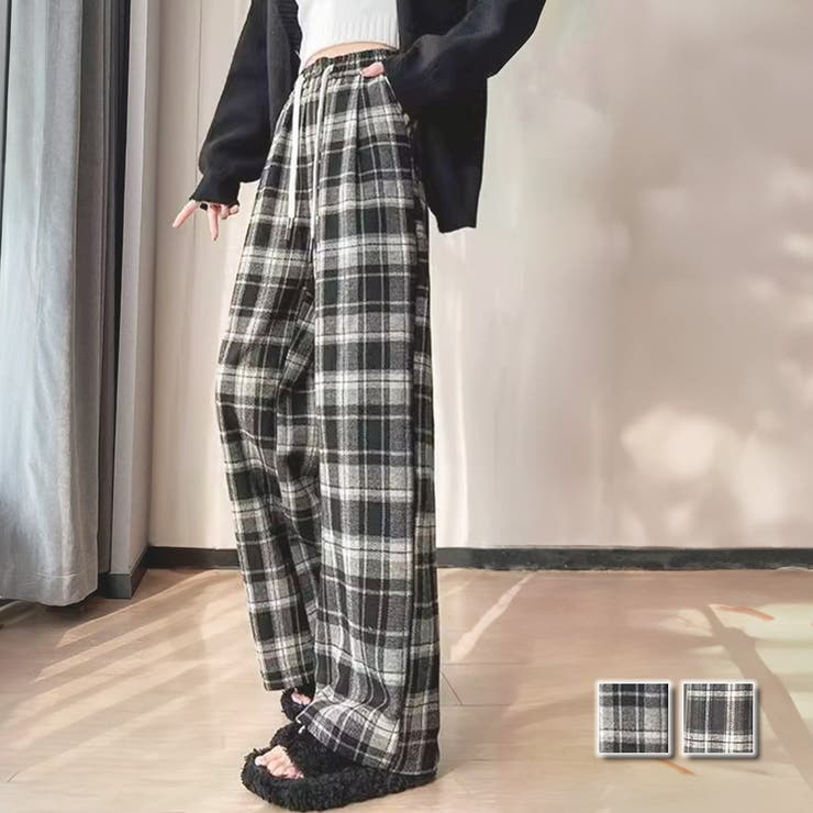 チェック柄ワイドパンツ 10代 20代[品番：AMSW1778062]｜Amulet
