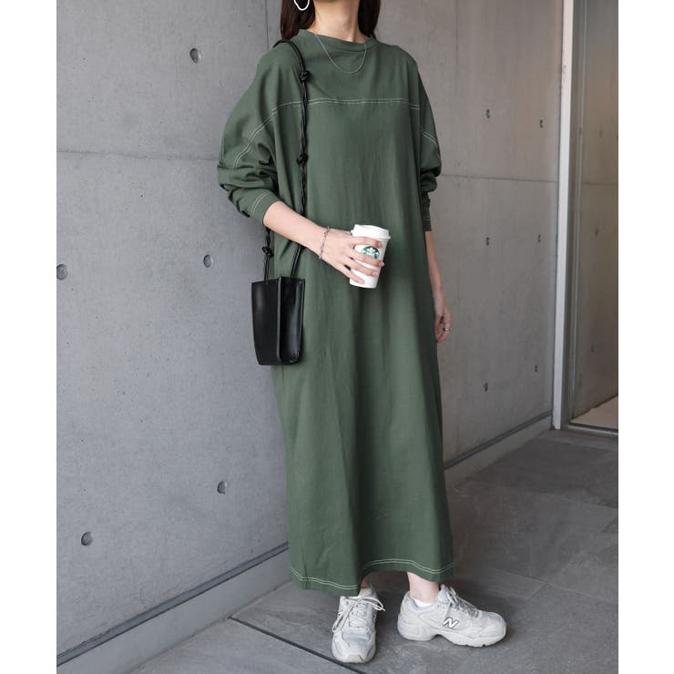 配色ステッチ オーバーサイズ ワンピース[品番：AZ000003998]｜andme