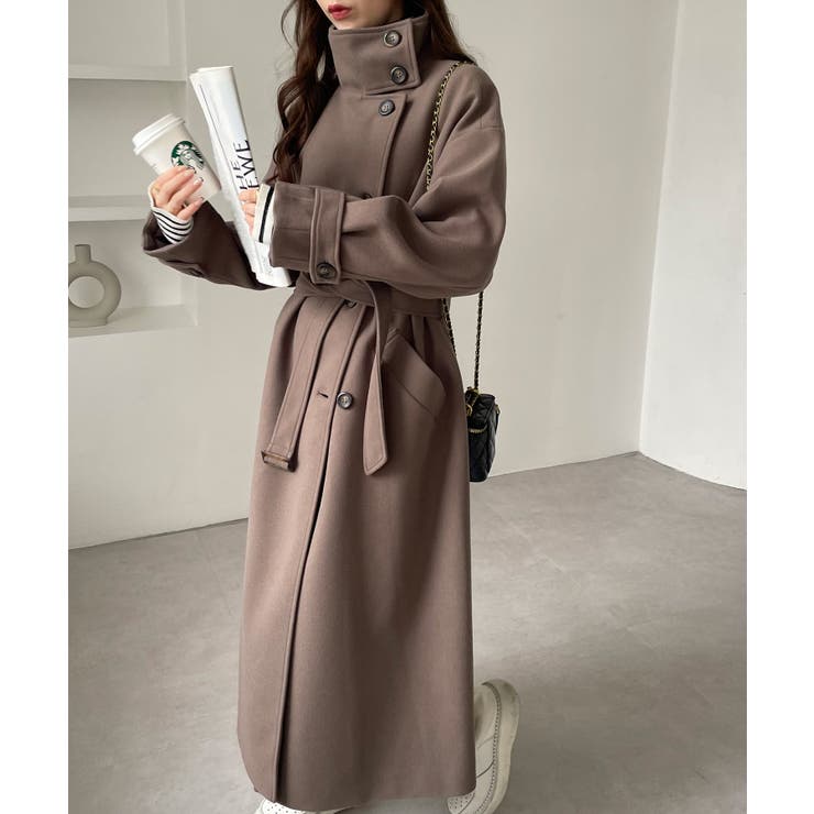 フェイクウール スタンドカラー ロングコート[品番：AZ000004461