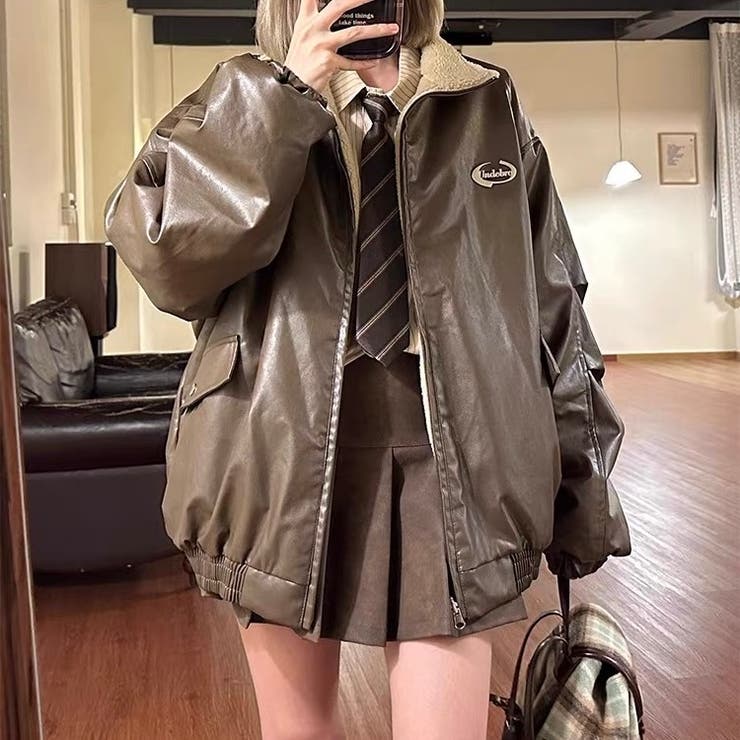 リバーシブルフェイクレザー×ボアアジャケット ブルゾン オーバー