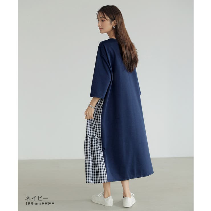 7分袖 Tシャツワンピース ギンガムチェック柄[品番：COCW0003053