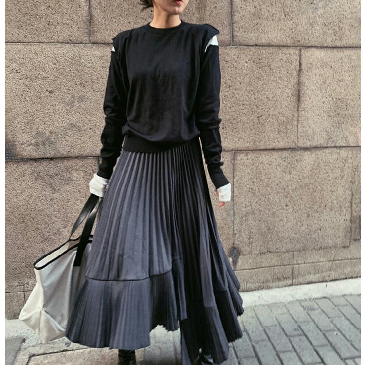 プリーツスカート アシンメトリースカート 切替えフレアスカート[品番