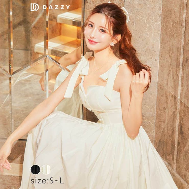 キャバ ドレスワンカラーコルセットリボンショルダーAラインロング