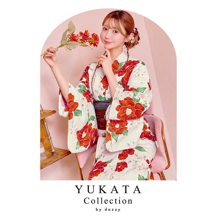 白地×ビビット紅椿柄浴衣【2025年新作 YUKATA by[品番：DY000032124