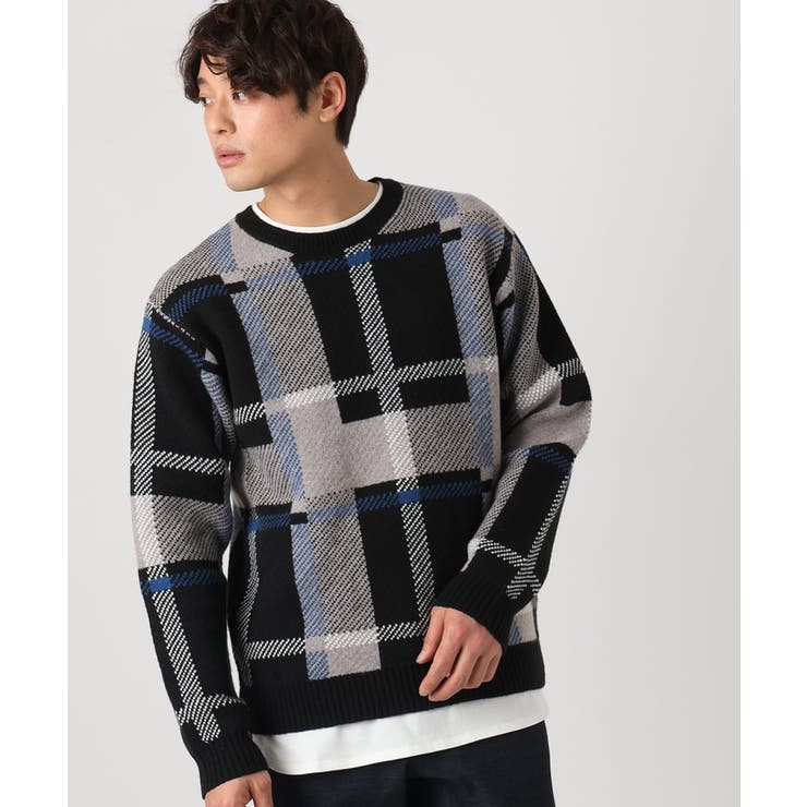 洗濯機で洗える】チェック柄クルーネックニット[品番：ITKW0019702
