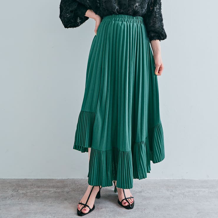 アシンメトリーラッフルプリーツスカート ボトムス ロングスカート