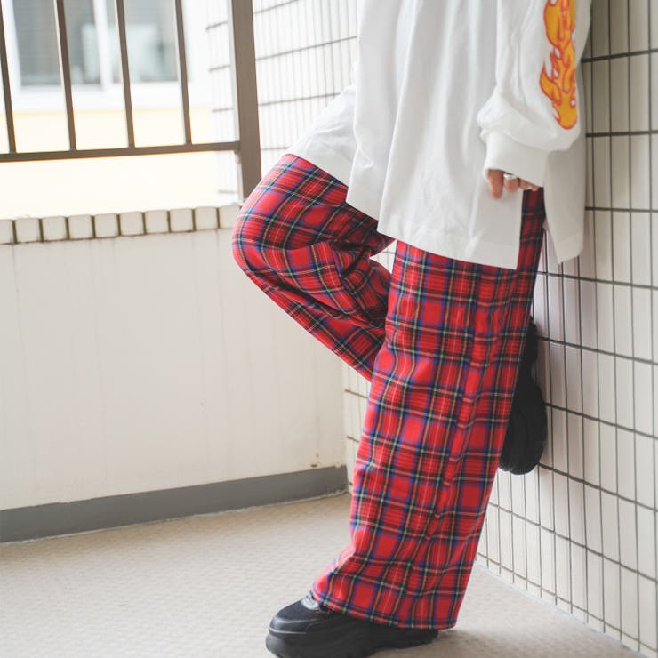 チェック柄ワイドパンツ チェックパンツ ボトム[品番：ATYW0001032