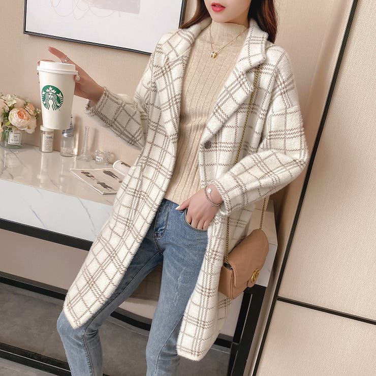 チェック柄ニットコート 韓国ファッション アウター[品番：SHNW0004406
