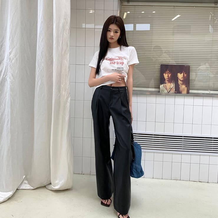 SHOPLIST限定】カジュアルローウエストスリムワイドレッグレザーパンツ