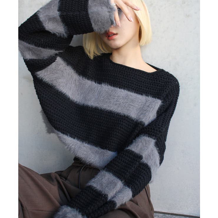 シャギーボーダークロップドニット[品番：SPRW0010312]｜SpRay