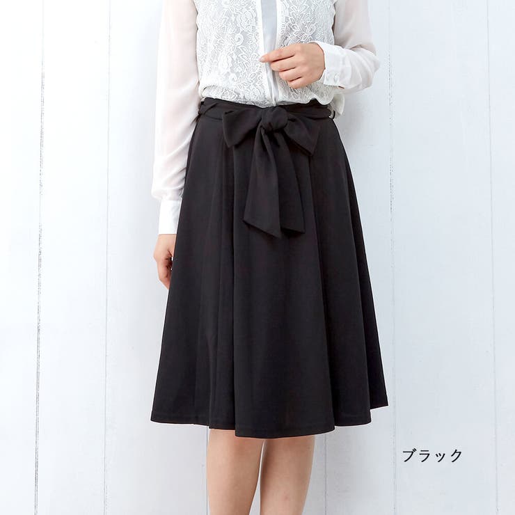 ウエストリボン付きフレアスカート ひざ丈 ミディスカート[品番