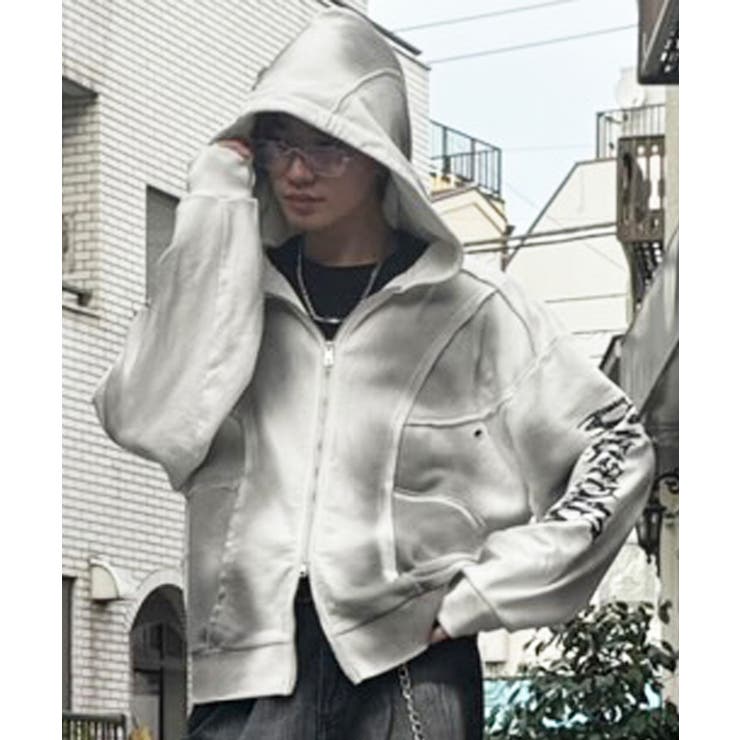 スプレー加工切り替えZIPパーカー メンズ パーカー ショート丈[品番