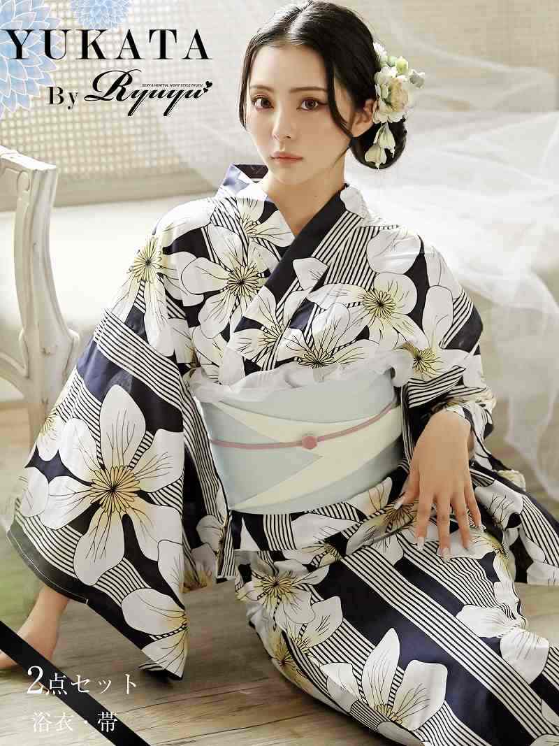 浴衣 白 ネイビー[品番：RV000011294]｜Ryuyu（リューユ）のレディース