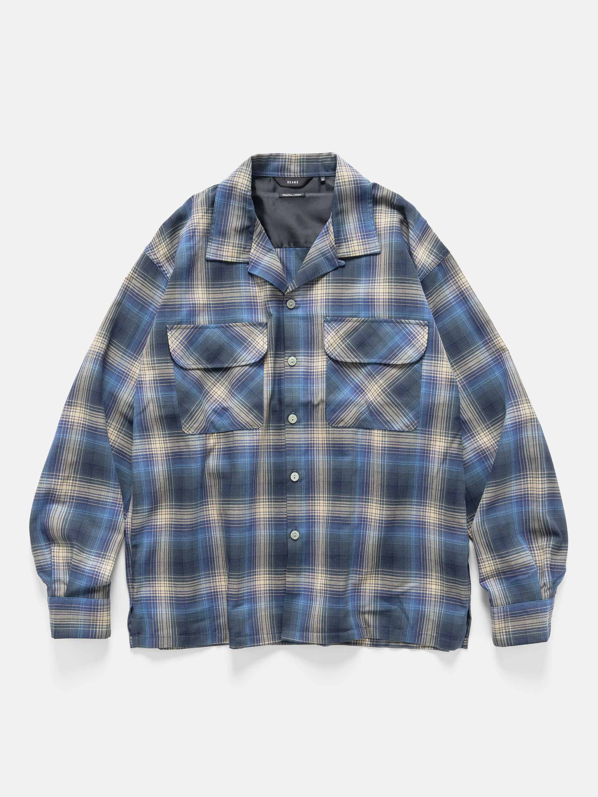 BEAMS Ombre Check Open Collar Shirt Navy | HAVEN