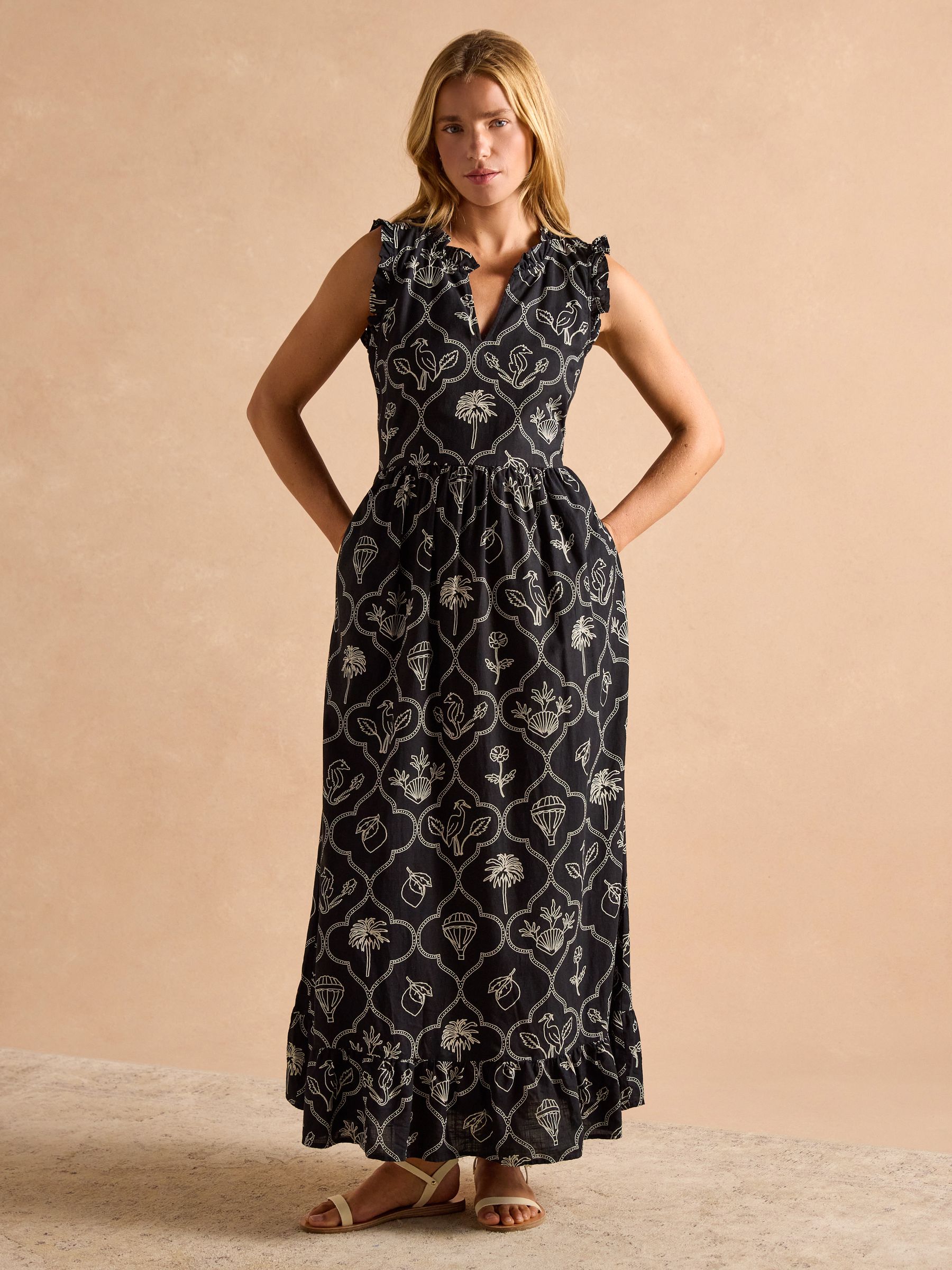 Sophia Black Ruffle Shoulder Midi Dress | Joules