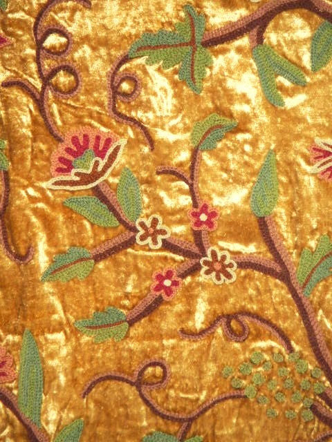Kashmir Crewel Velvet Embroidered Fabric Gold, Muticolor #CV002