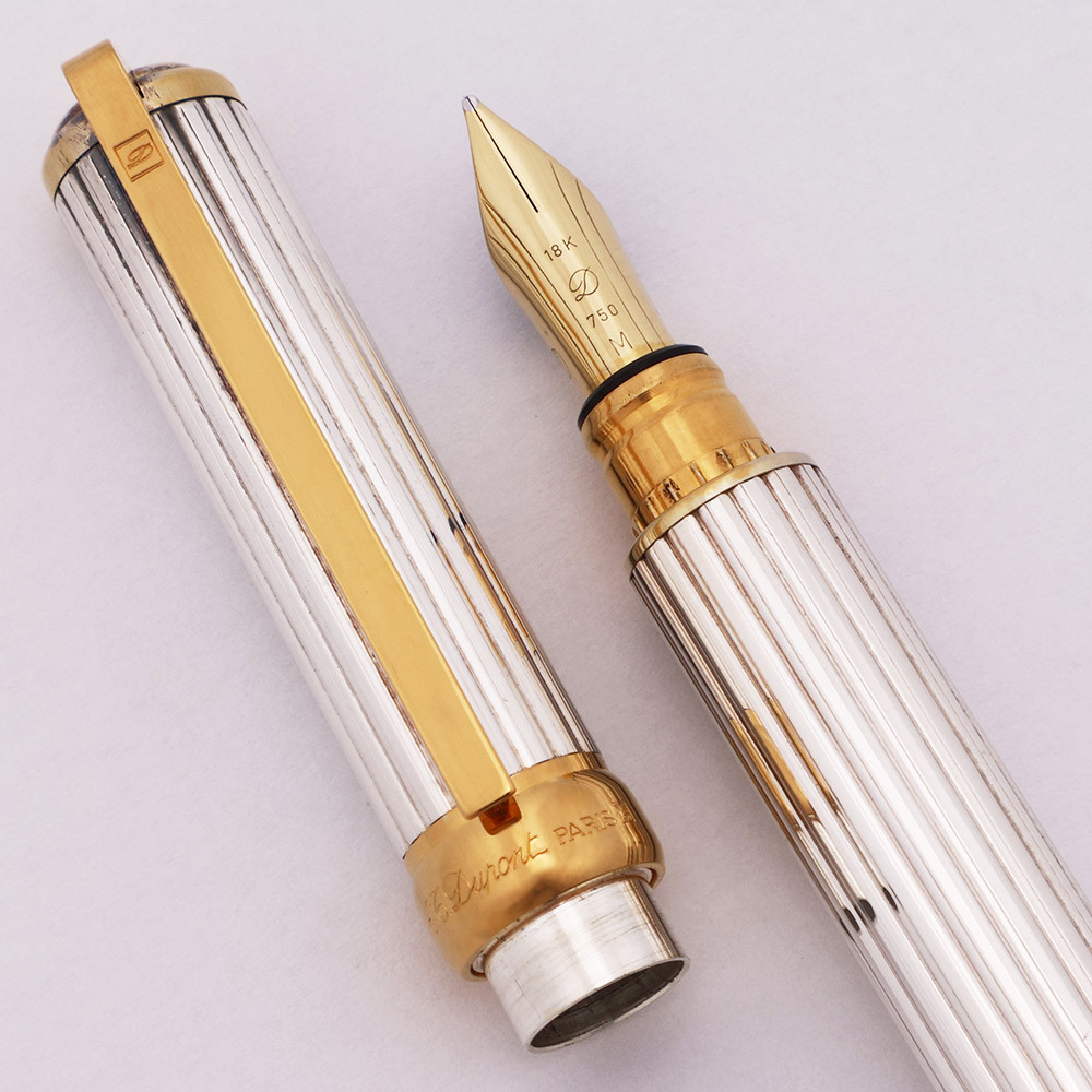 S T Dupont Gatsby Fountain Pen - Silver Lined w GT, 18k Medium Nib