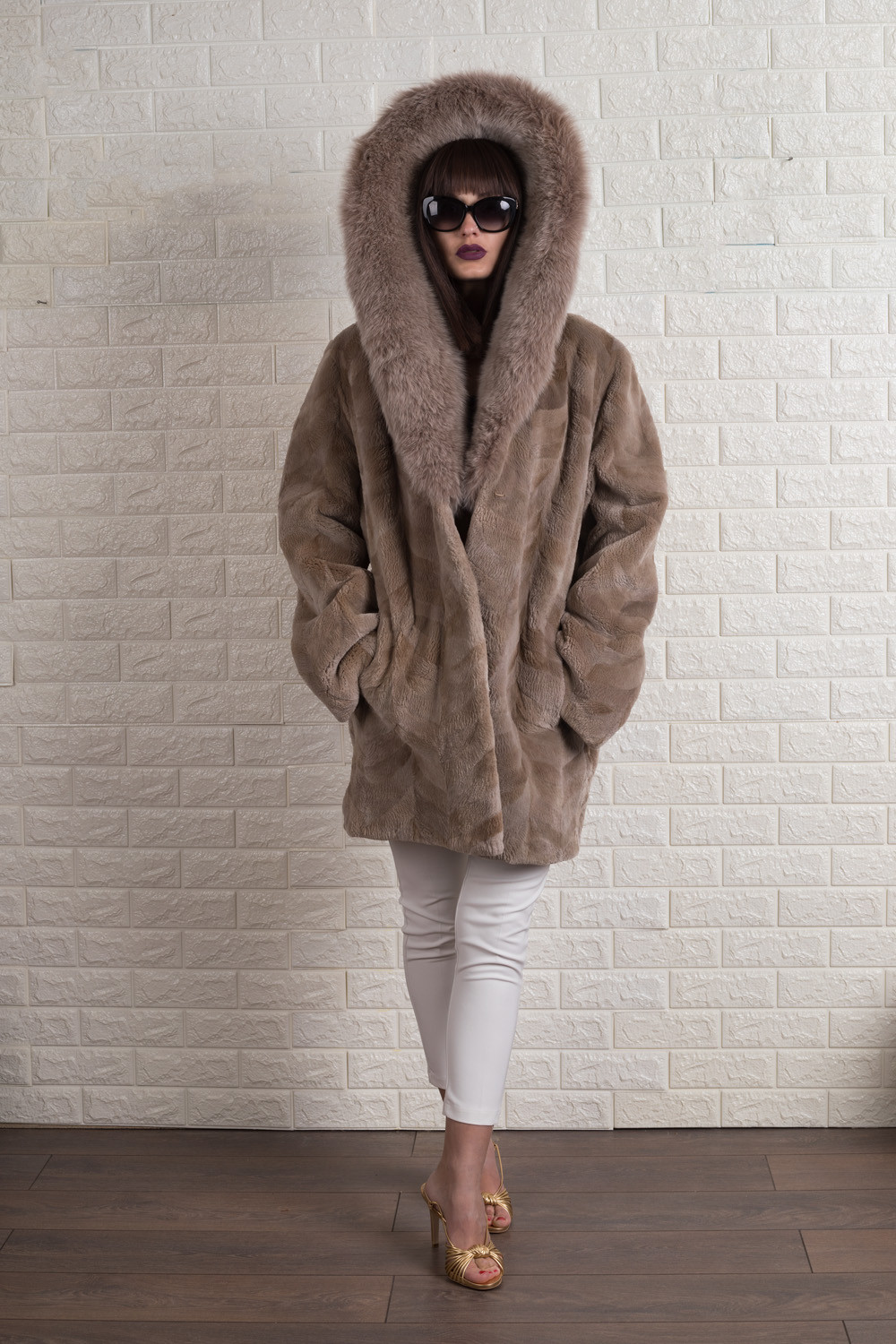 Brown Sheared Mink Fur Coat With Cobra Fox Fur Hood | SKANDINAVIK FUR