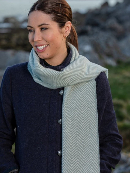 Cashmere Scarf - Sage & White Herringbone