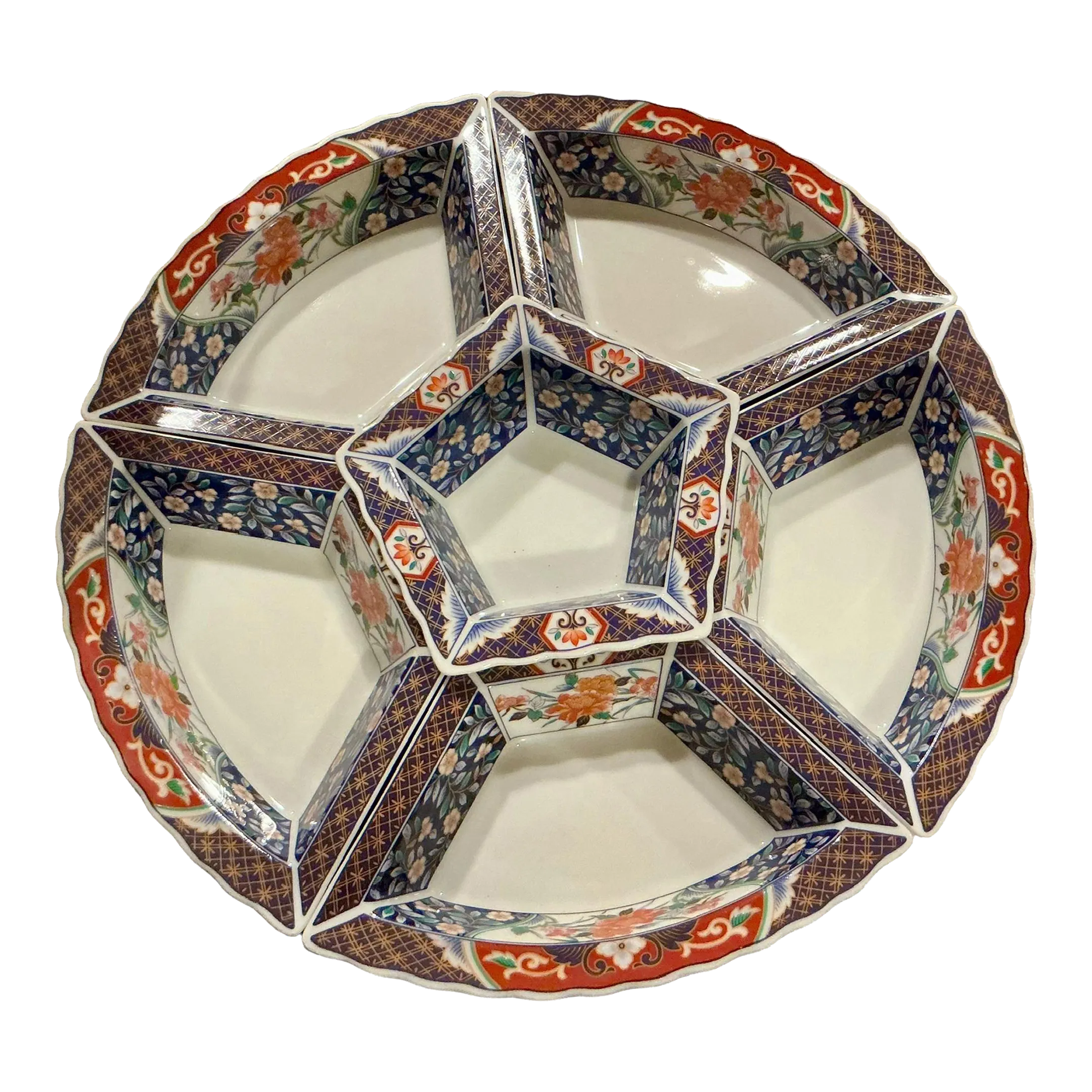 Vintage Imari Appetizer Condiment Tray on Wooden Lazy Susan | Chairish