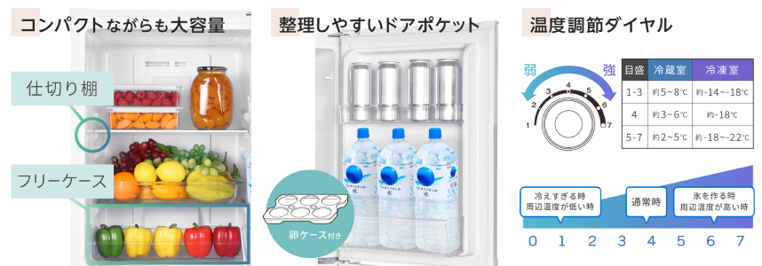 スリムな幅でコンパクトなキッチンにも設置しやすい140L冷蔵庫を