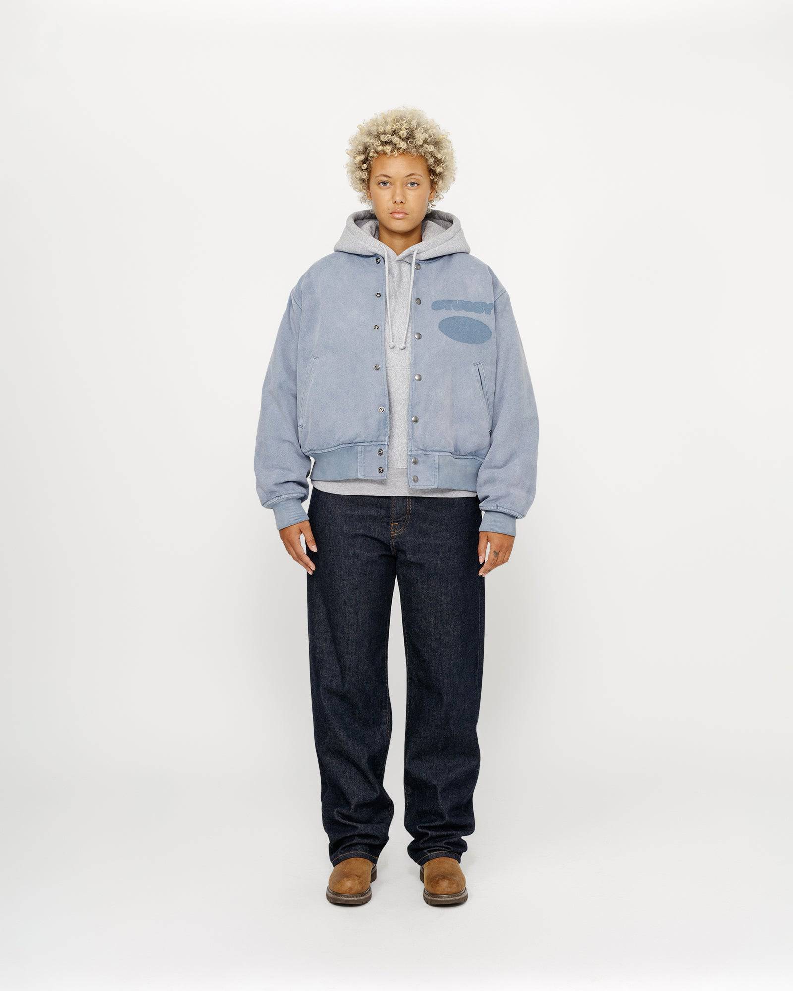 Stüssy Ghost Logo Canvas Varsity Jacket - Blue | Crowdless