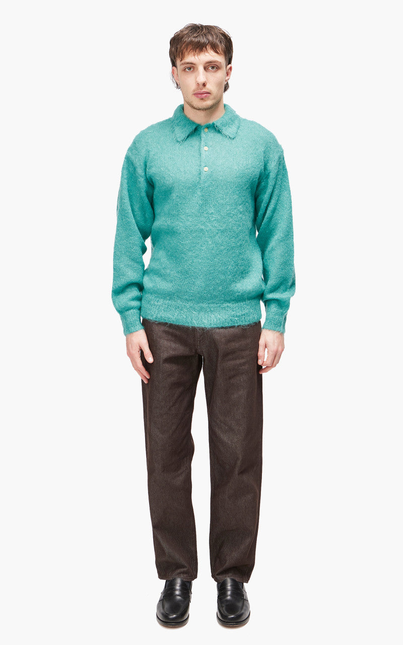 Auralee Brushed Super Kid Mohair Knit Polo Blue